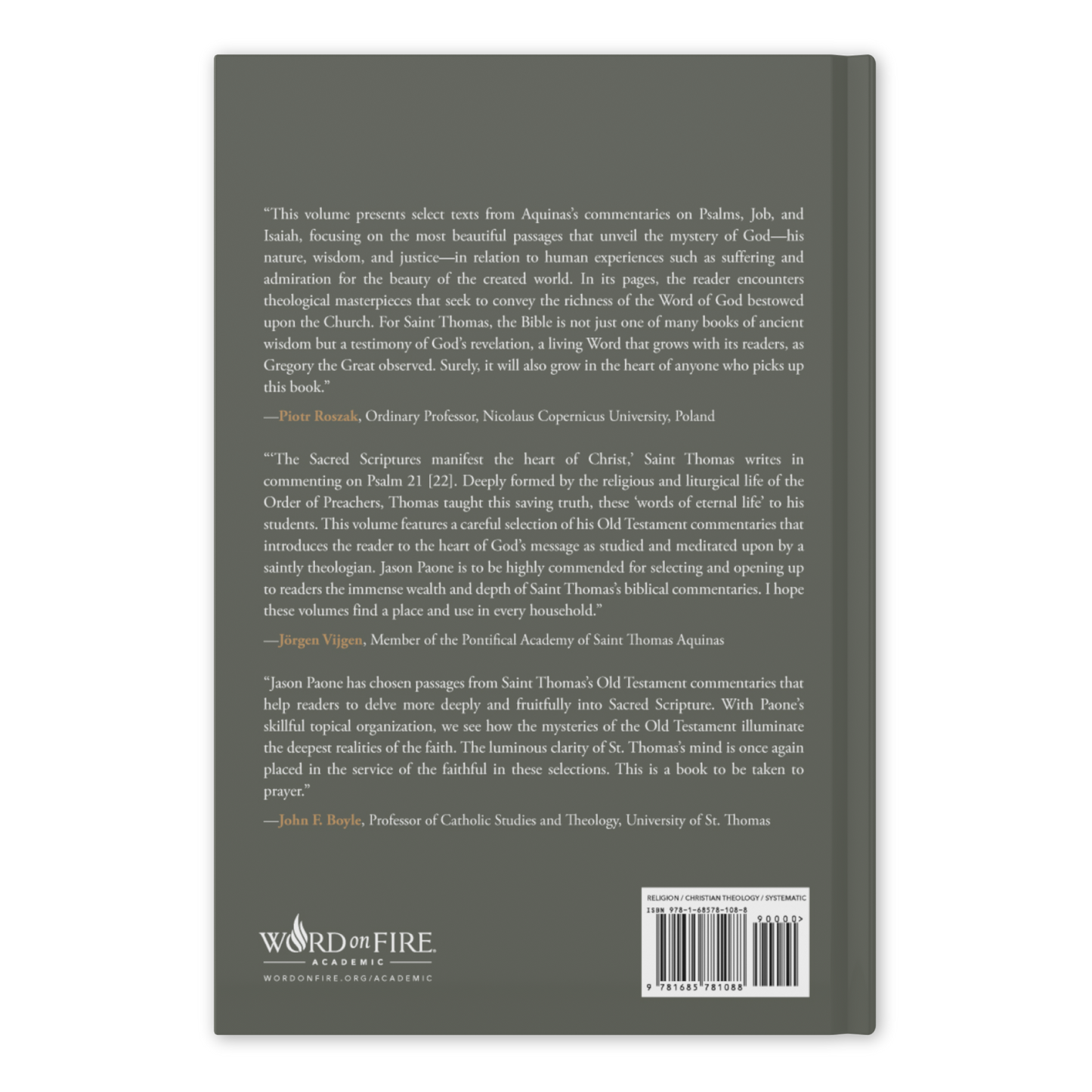 Back cover of "Thomas Aquinas: Selected Commentaries on the Old Testament" featuring endorsements and contributor mentions, associated with Word on Fire Academic, suitable for theology and Catholic readers, hardcover 9781685781088