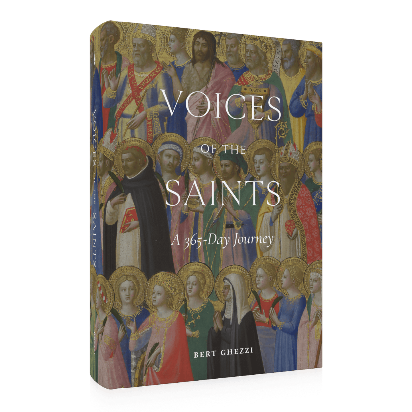 Voices of the Saints: A 365-Day Journey by Bert Ghezzi features traditional saintly artwork on its cover, contributing to Catholic spiritual growth, daily devotional for Catholics, hardcover 9781685781163