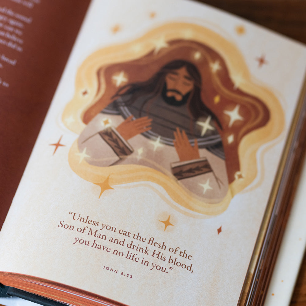 Illustration of Jesus discussing the Eucharist, includes biblical quote and illustrations from the book The Story of All Stories, Catholic children's book focused on spiritual growth and evangelization, by Emily Stimpson Chapman, illustrated Catholic children's bible, suitable for children ages 7-13, hardcover 9781685782214