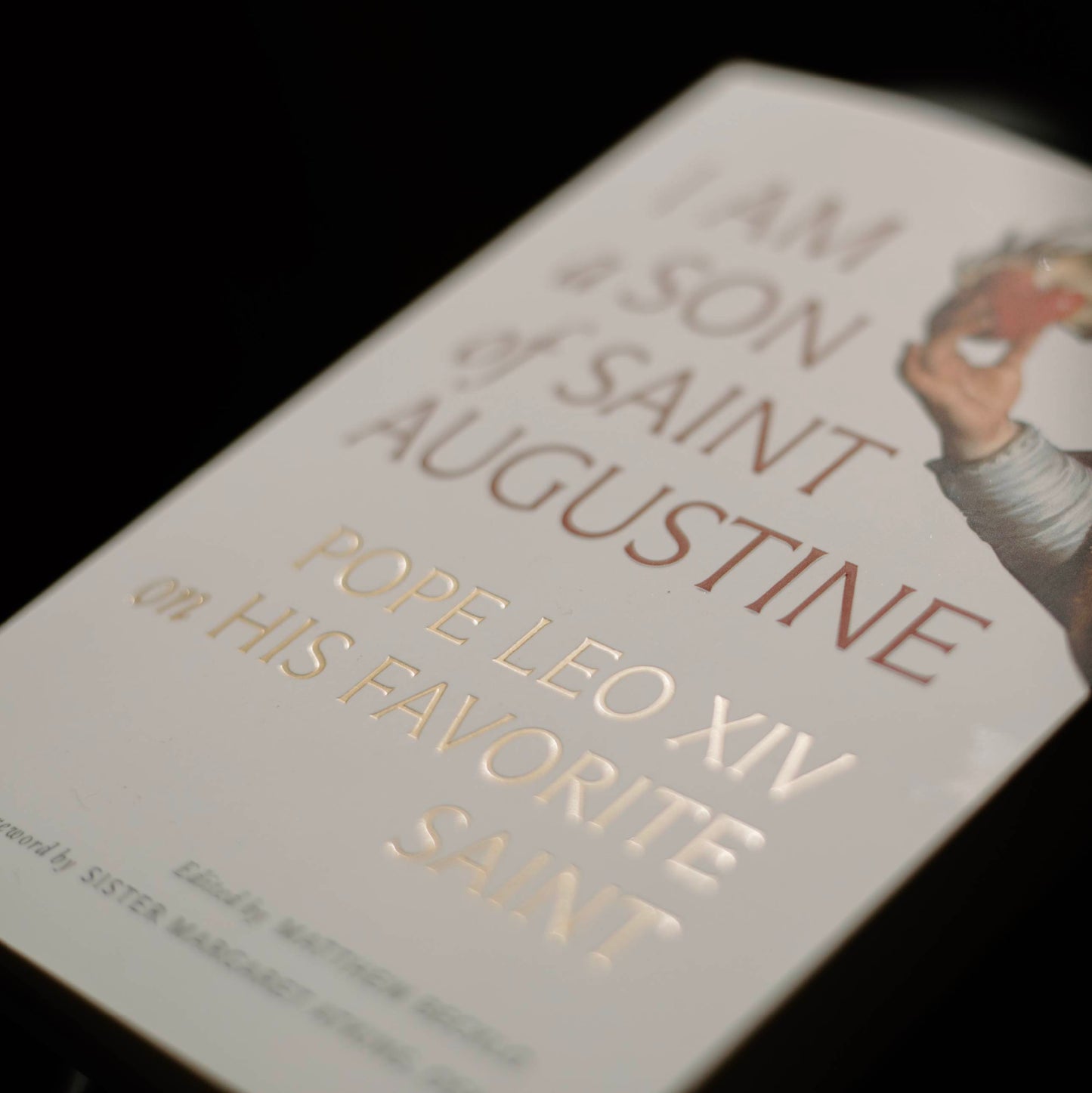 Close-up of a Catholic book cover titled "I Am a Son of Saint Augustine," featuring text about Pope Leo XIV and his favorite saint, published by Word on Fire, paperback 9781685783198