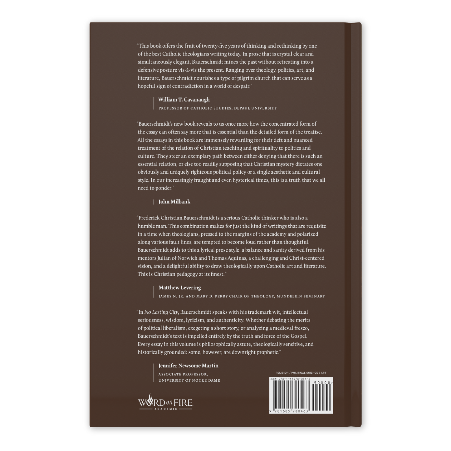 Back cover of "No Lasting City" featuring academic endorsements, by Frederick Christian Bauerschmidt, Word on Fire Academic, hardcover 9781685780463