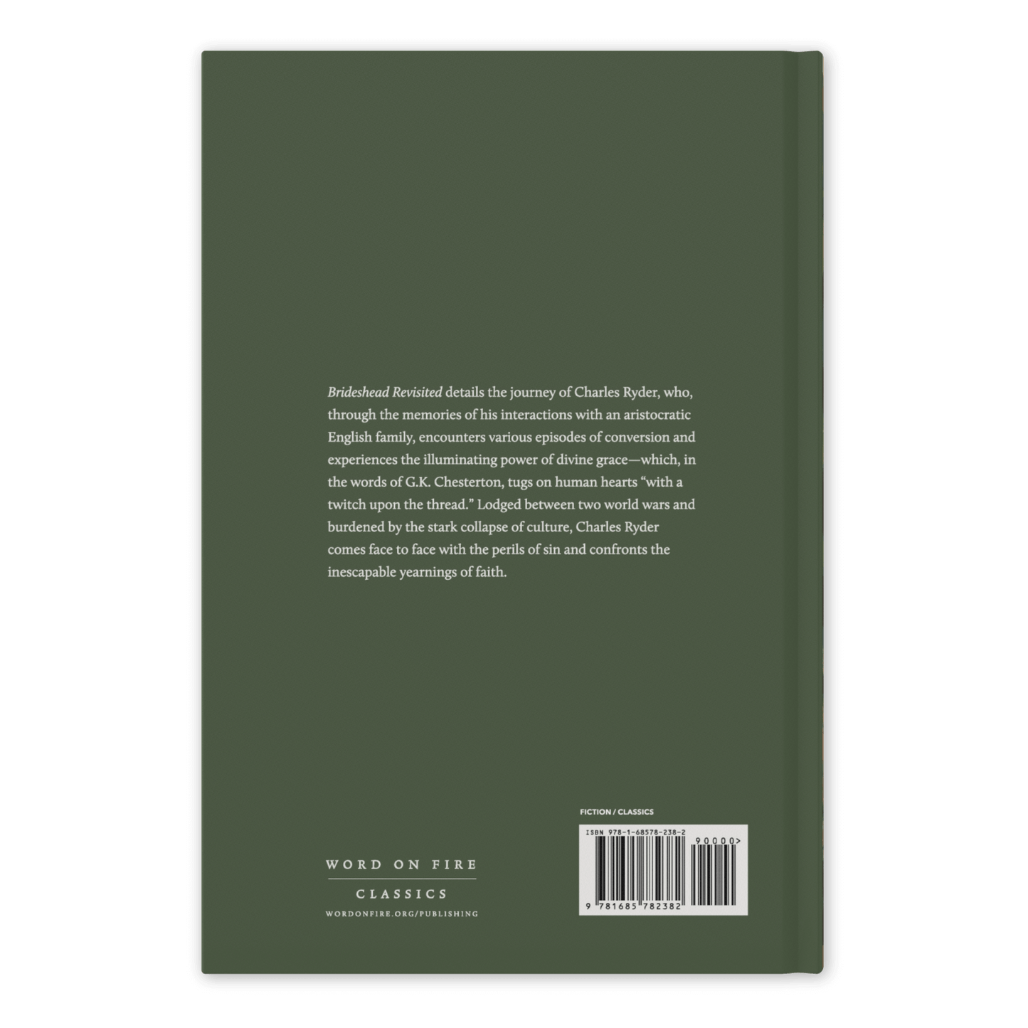 Back cover of the book Brideshead Revisited, featuring a green background with descriptive text about Charles Ryder's journey, classic novel published by Word on Fire Classics, hardcover 9781685782382