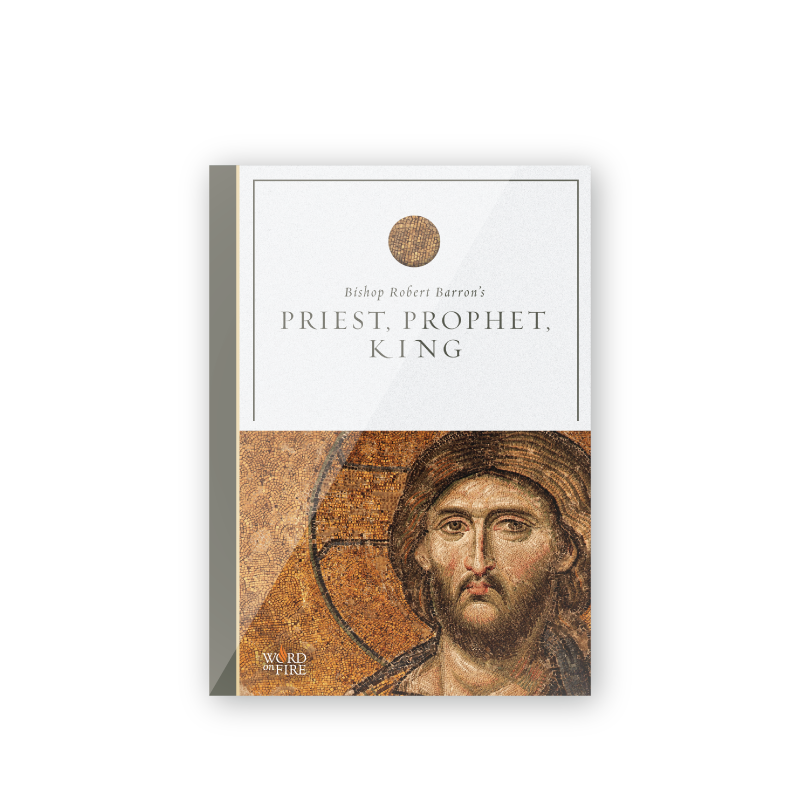 Cover of Priest, Prophet, King - Film featuring Byzantine-style mosaic of Jesus Christ, spiritual growth by Bishop Robert Barron, contributors noted, suitable for adults, includes ISBN and DVD binding type.