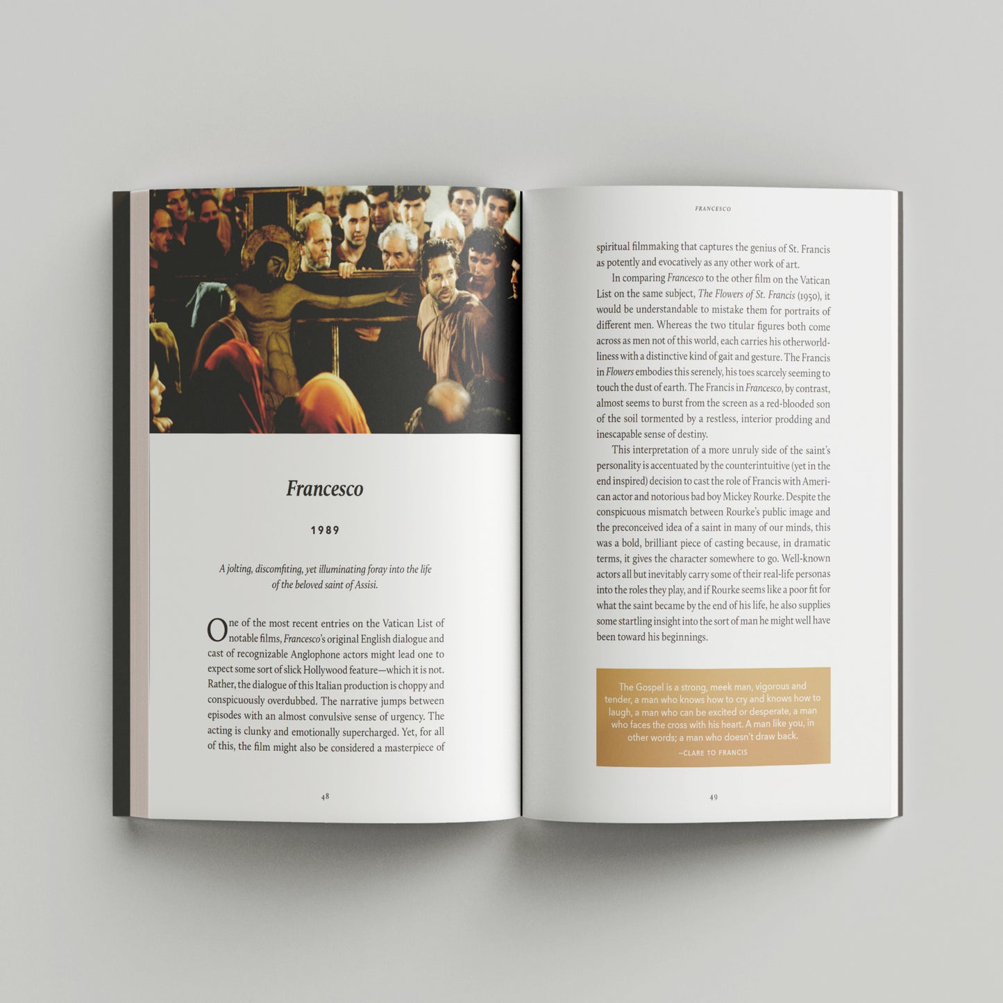Open spread of a book featuring a detailed review of the film Francesco from 1989, highlighting its spiritual themes and connection to St. Francis, inside pages of "Popcorn with the Pope", by David Paul Baird, Andrew Petiprin, Michael Ward, published by Word on Fire, paperback 9781685789848