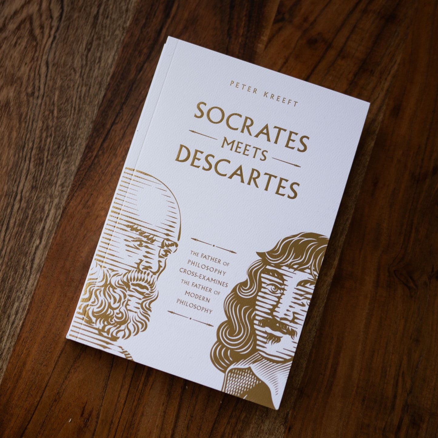 Socrates Meets Descartes book by Peter Kreeft on a wooden surface, featuring philosophical portraits, philosophy book, paperback 9781685781590