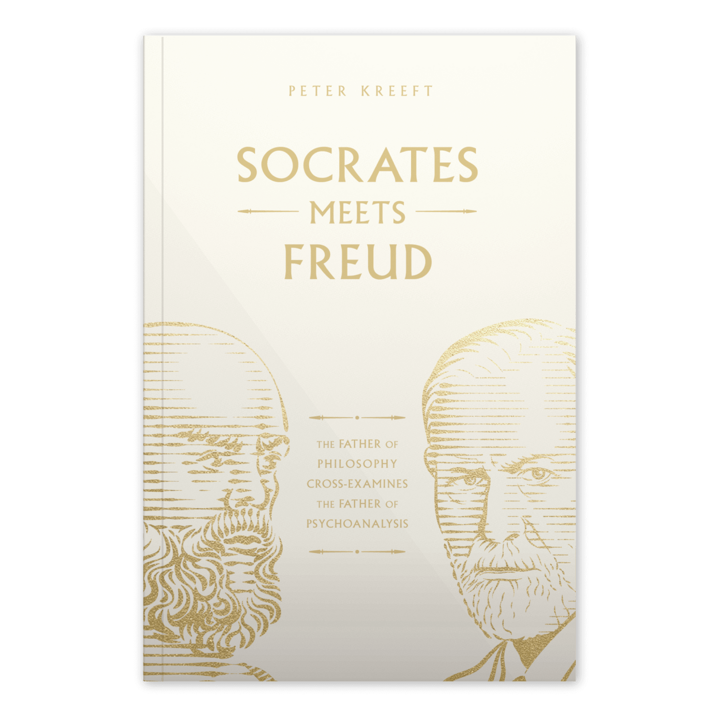 Socrates Meets Freud book cover by Peter Kreeft features gold line art portraits of Socrates and Freud with text highlighting their philosophical and psychoanalytic legacy, philosophy book, 9781685782153