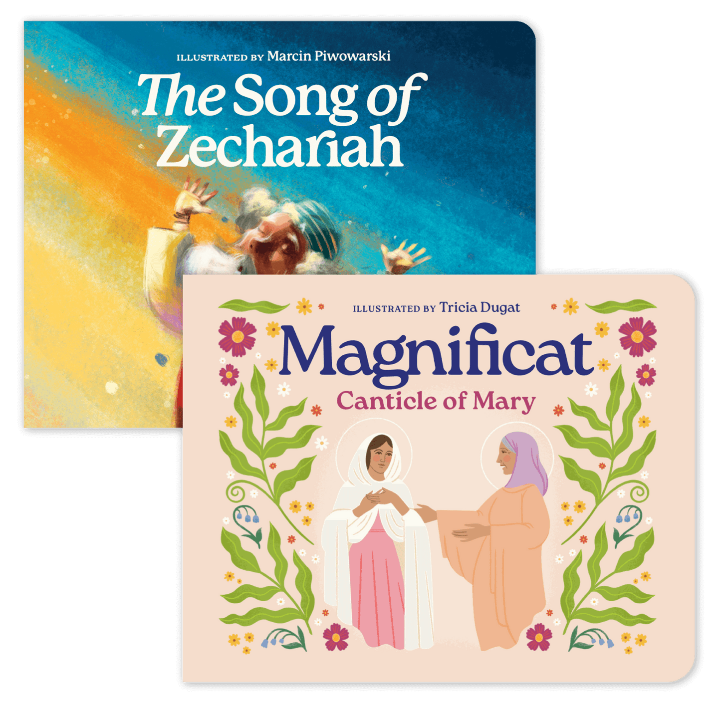 Children's illustrated board book bundle featuring The Song of Zechariah illustrated by Marcin Piwowarski and Magnificat Canticle of Mary illustrated by Tricia Dugat, for ages 1-5, 9781685781538 and 9781685781521