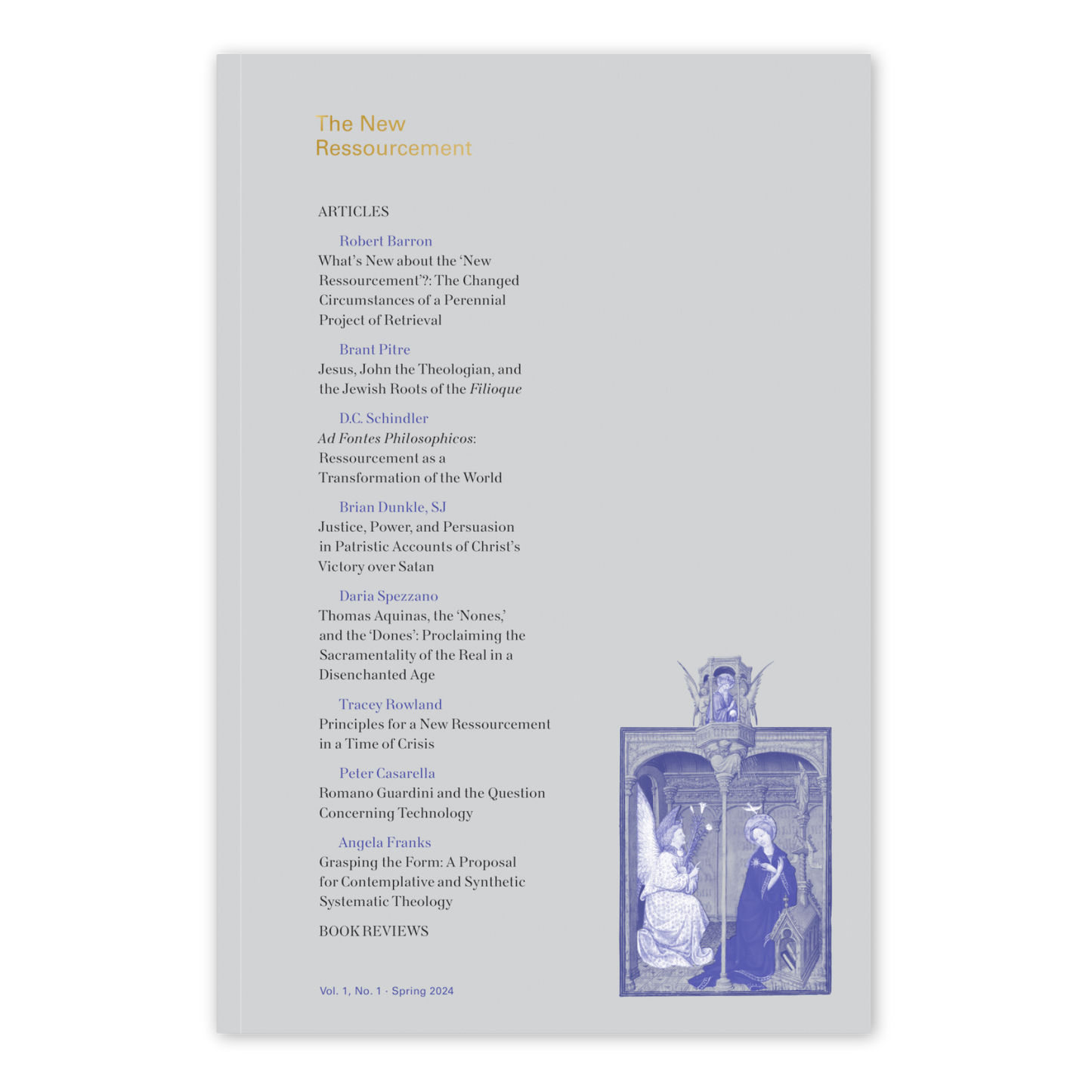 The New Ressourcement book cover in soft gray with gold title, featuring theological articles and an illustration of a religious scene; contributors include Robert Barron, suitable for adult readers, paperback