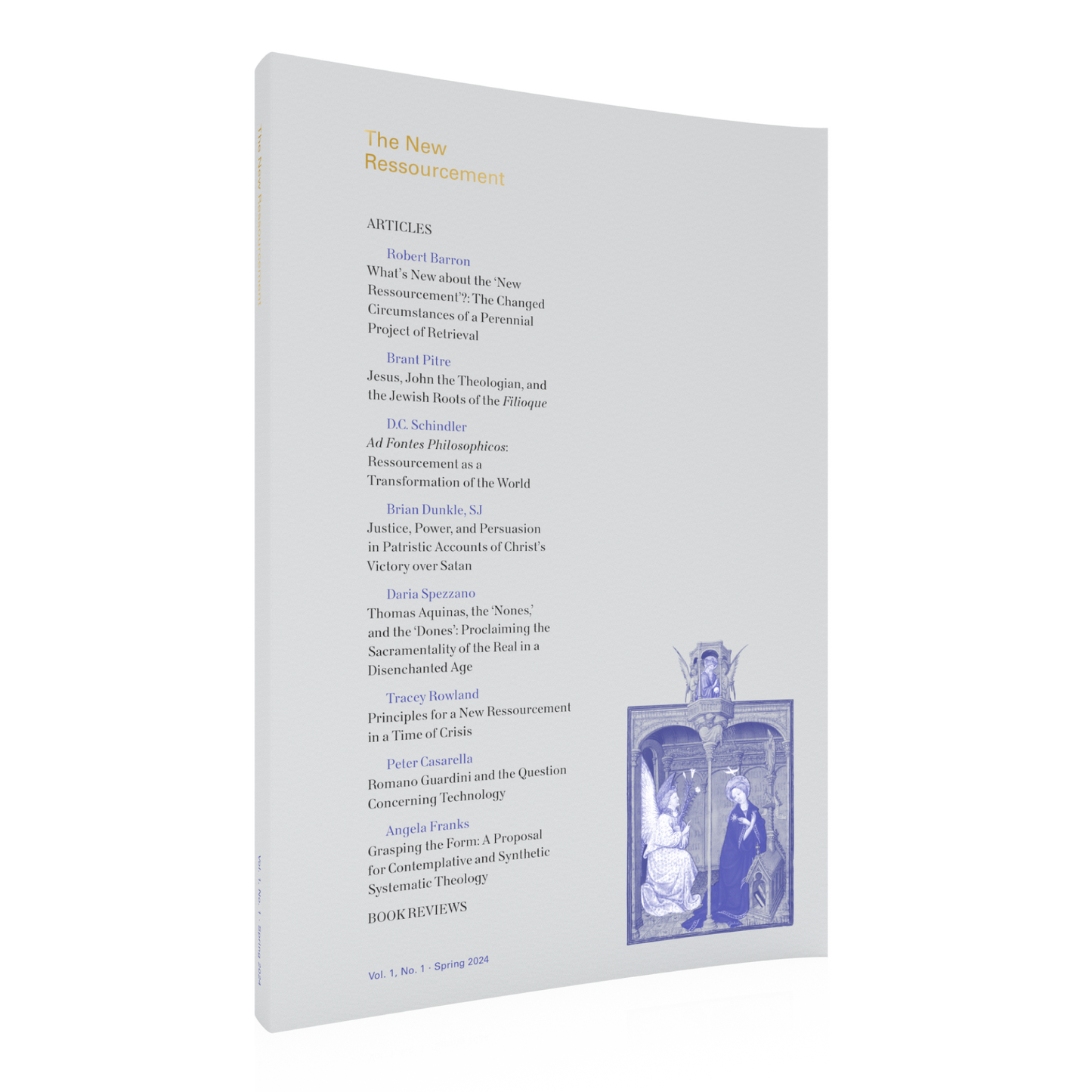 The New Ressourcement cover featuring a list of article titles and authors, including contributors Robert Barron and Angela Franks, suitable for adults, focused on Catholic theology and philosophy