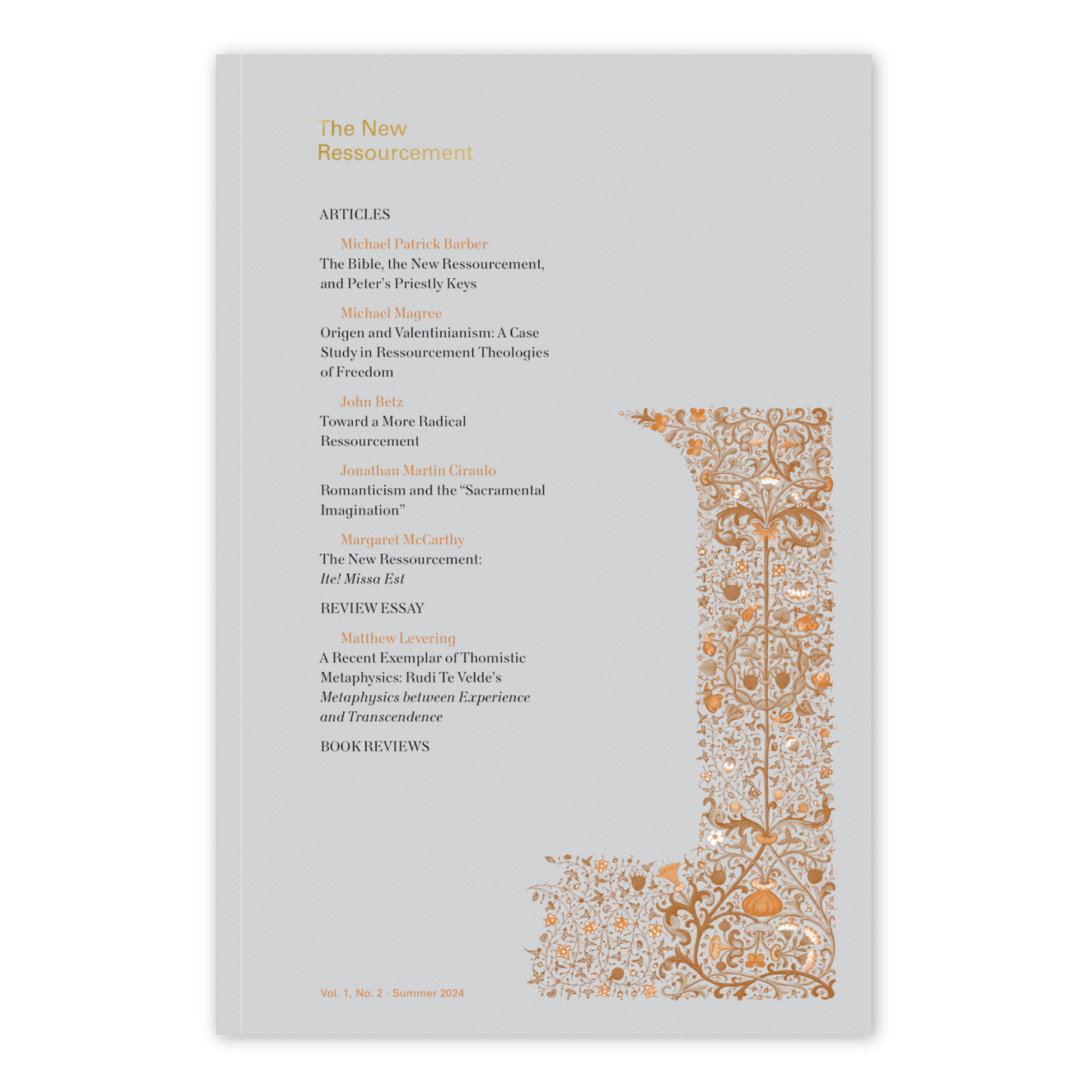 The New Ressourcement journal cover for Summer 2024 featuring articles on Catholic theology and spirituality by various contributors, suitable for adult readers