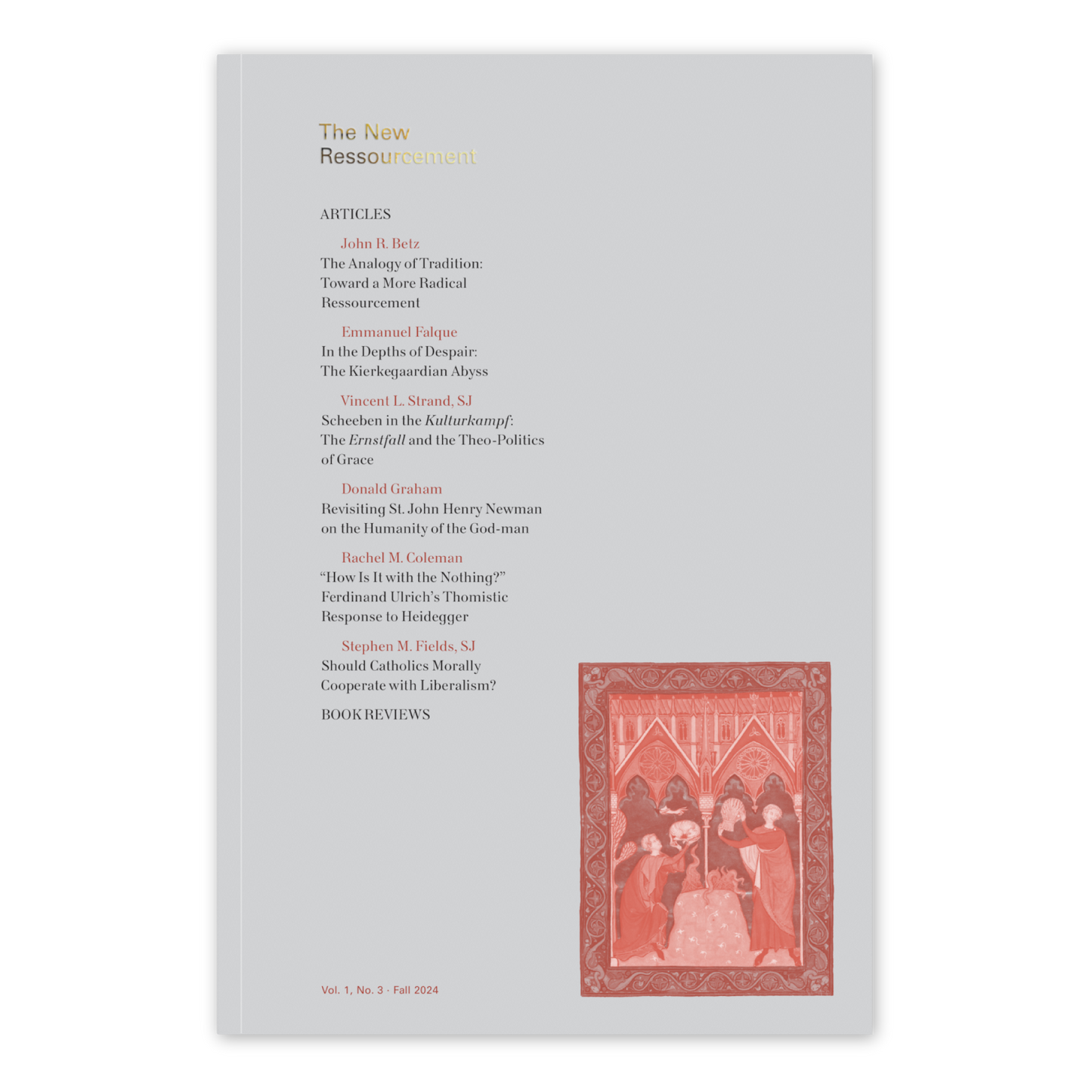 The cover of The New Ressourcement Fall 2024 edition, featuring a pale background with article titles by contributors John R. Betz, Emmanuel Falque, and others, suitable for adult readers