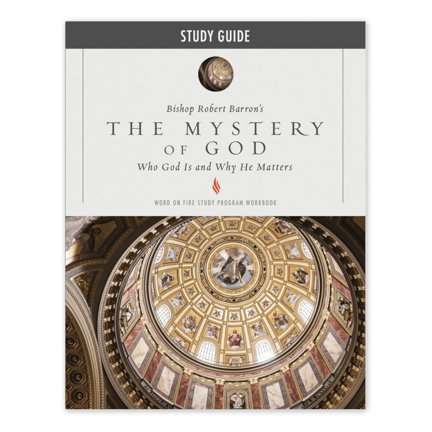 Cover of the "Mystery of God Study Guide" featuring a detailed image of a cathedral dome ceiling, contributors Bishop Robert Barron, suitable for adult age range, ISBN included, hardcover binding type, a theology book for spiritual growth and evangelization.
