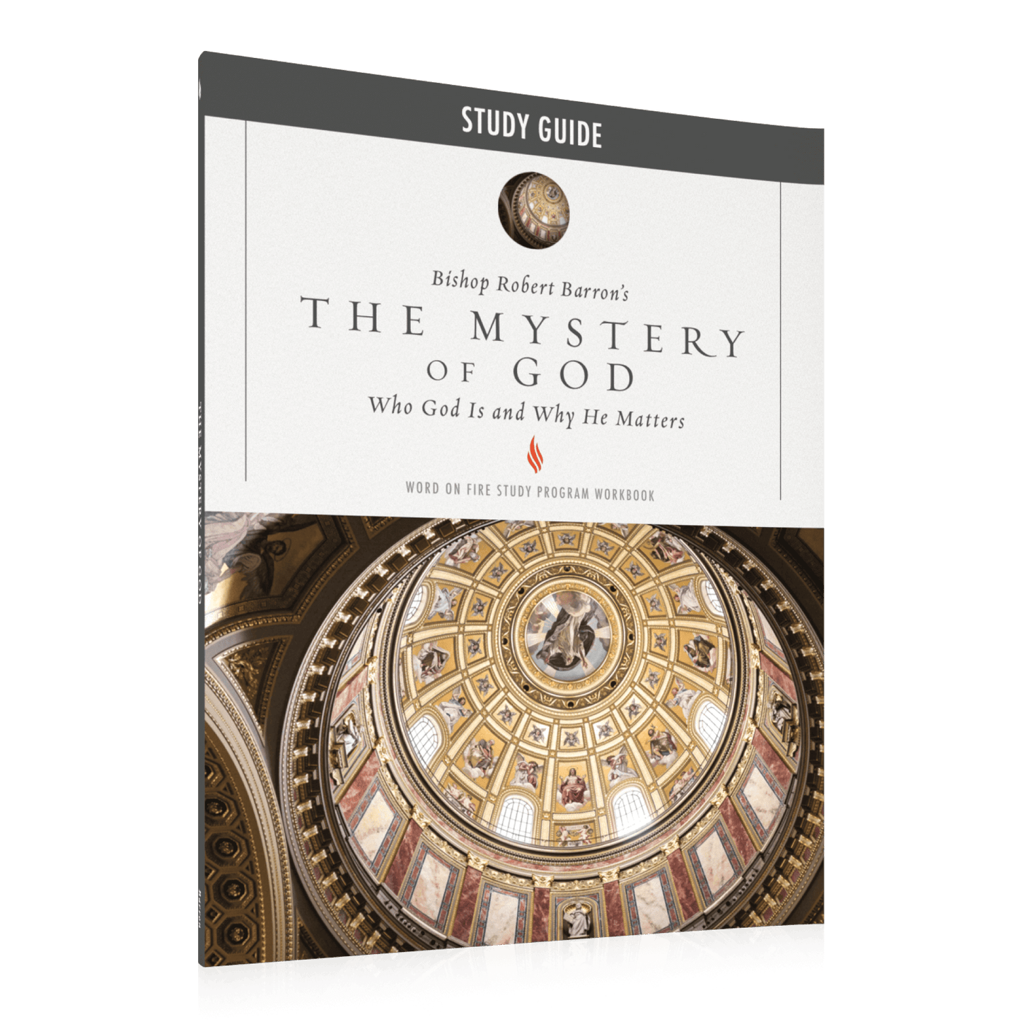 Mystery of God Study Guide with cover featuring a detailed cathedral dome interior, contributors Bishop Robert Barron, age range adult, ISBN 9781683590740, and paperback binding, focused on Catholic spiritual growth and theology.