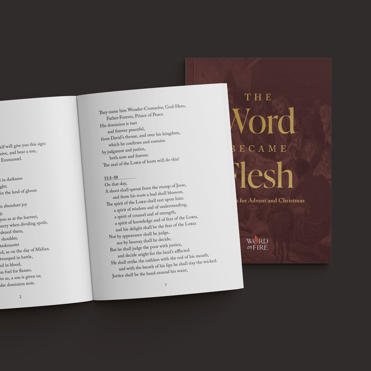 Open and closed book set titled The Word Became Flesh, featuring spiritual reflections for Advent and Christmas, contributors include Matthew Becklo and Bishop Robert Barron, prayer book for Advent, Advent reflection books for Catholics, paperback 9781685780210
