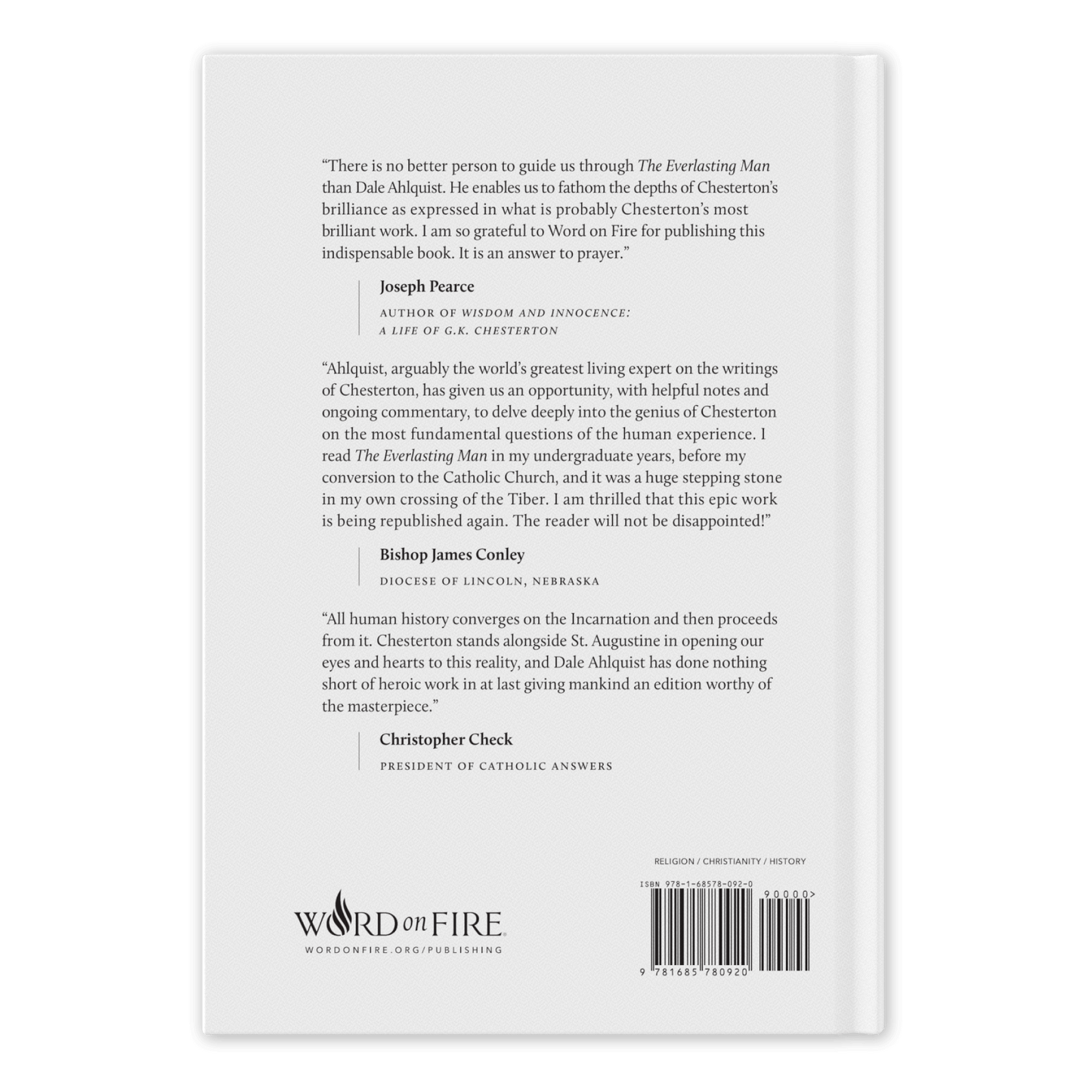 Back cover of The Everlasting Man Bundle featuring endorsements by Joseph Pearce, Bishop James Conley, and Christopher Check, with Word on Fire logo