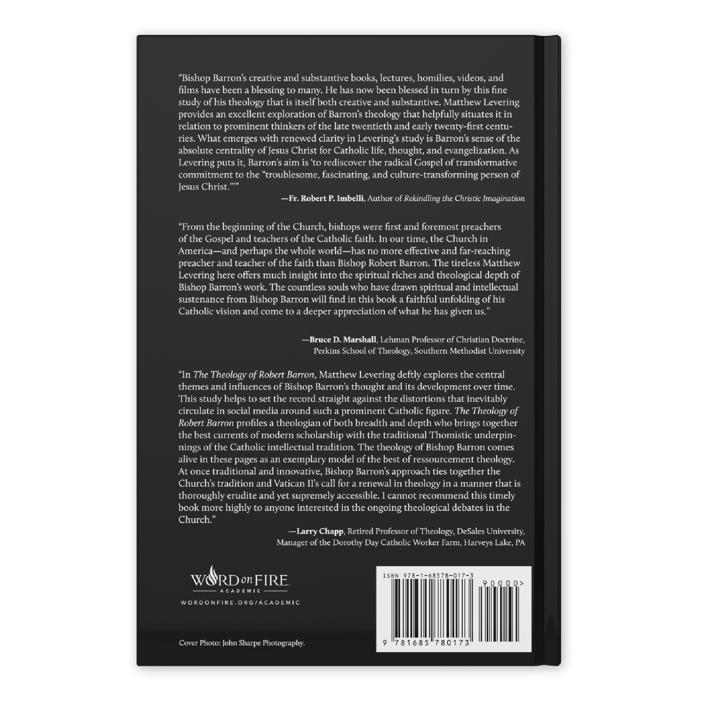 Back cover of The Theology of Robert Barron featuring endorsements by Fr. Robert P. Imbelli, Bruce D. Marshall, and Larry Chapp, published by Word on Fire Academic, suitable for readers interested in Catholic theology books, hardcover 9781685780173