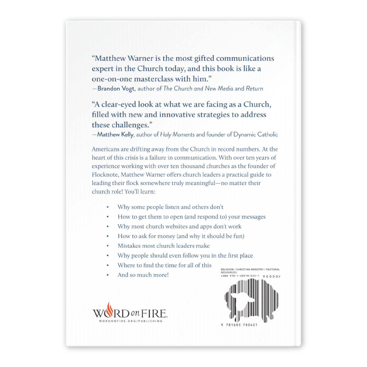 Back cover of the book "Why They Follow" featuring endorsements by Brandon Vogt and Matthew Kelly, a summary on improving church communication, hardcover 9781685780401
