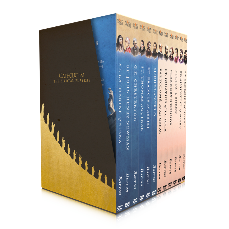Box set of twelve DVDs titled The Pivotal Players Complete Special Edition (All 12 Episodes), featuring Catholic spiritual figures, contributors including Bishop Robert Barron, suitable for ages 13 and up, ISBN 9781681925102, DVD binding.