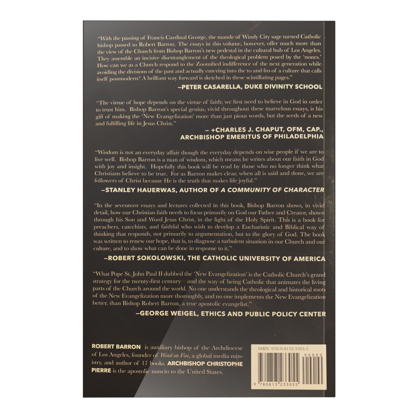Back cover of the book Renewing Our Hope: Essays for the New Evangelization showing endorsements by Peter Casarella, Charles J. Chaput, Stanley Hauerwas, Robert Sokolowski, and George Weigel, with contributor Robert Barron