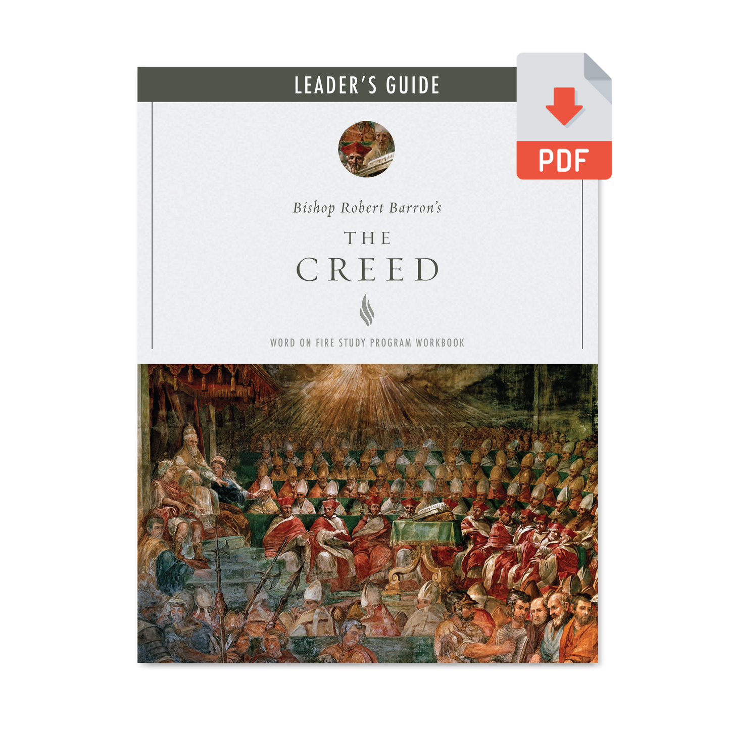 The Creed Leader Guide (Download) cover featuring a historical painting of a council gathering, spiritual growth resource for adult learners, contributors Bishop Robert Barron, age range adult, ISBN 9781540964823, digital PDF binding type.