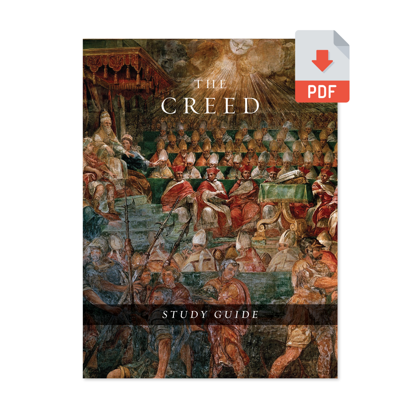 Cover of The Creed Study Guide (Download) featuring a classical religious painting of church figures and clergy, Contributors: Word on Fire, Age Range: Adult, ISBN: 9781632536212, Binding Type: Digital PDF file.