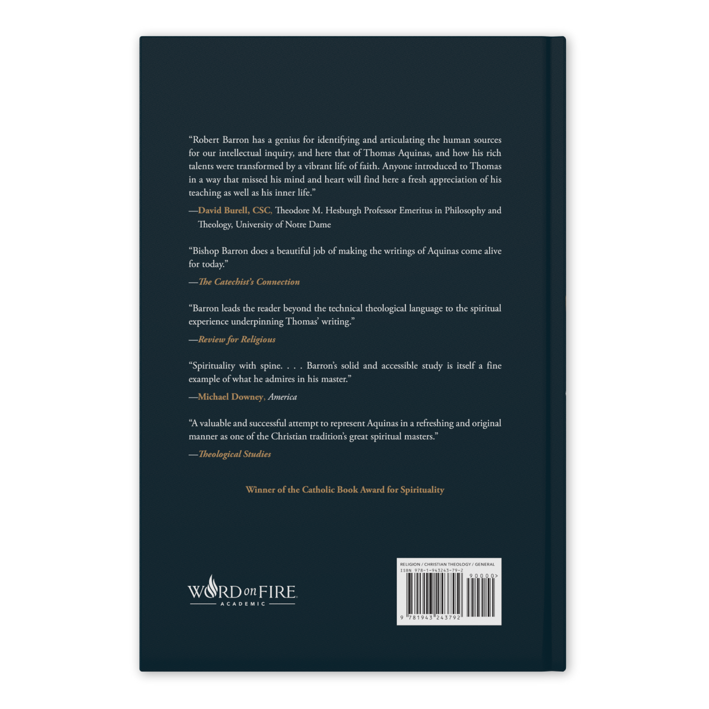Back cover of the book "Thomas Aquinas: Spiritual Master" featuring endorsements from scholars and authors, published by Word on Fire Academic, written by Bishop Robert Barron, theology book for Catholics, hardcover 9781943243792