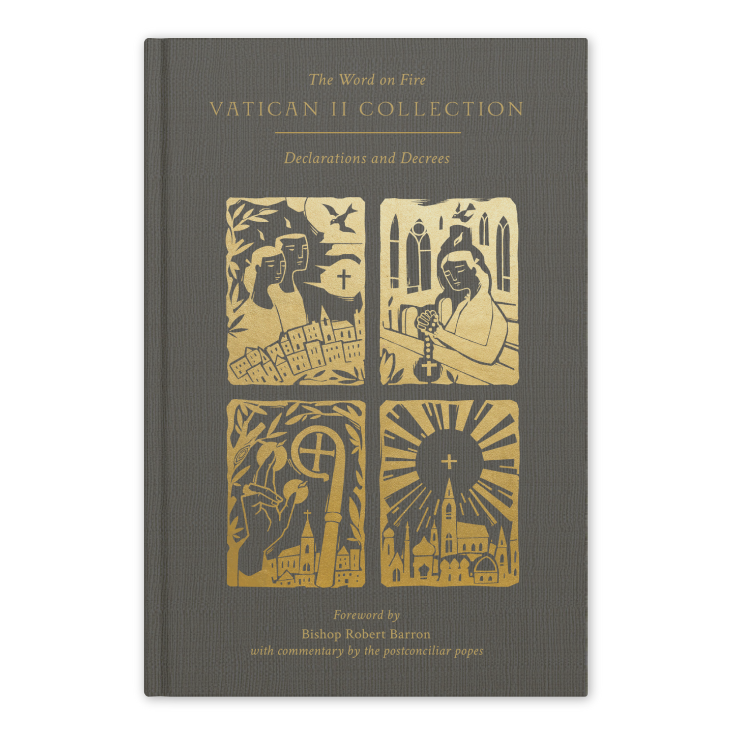 The Word on Fire Vatican II Collection: Declarations and Decrees book cover featuring four gold-foil illustrations on a green background, foreword by Bishop Robert Barron, hardcover 9781685780135