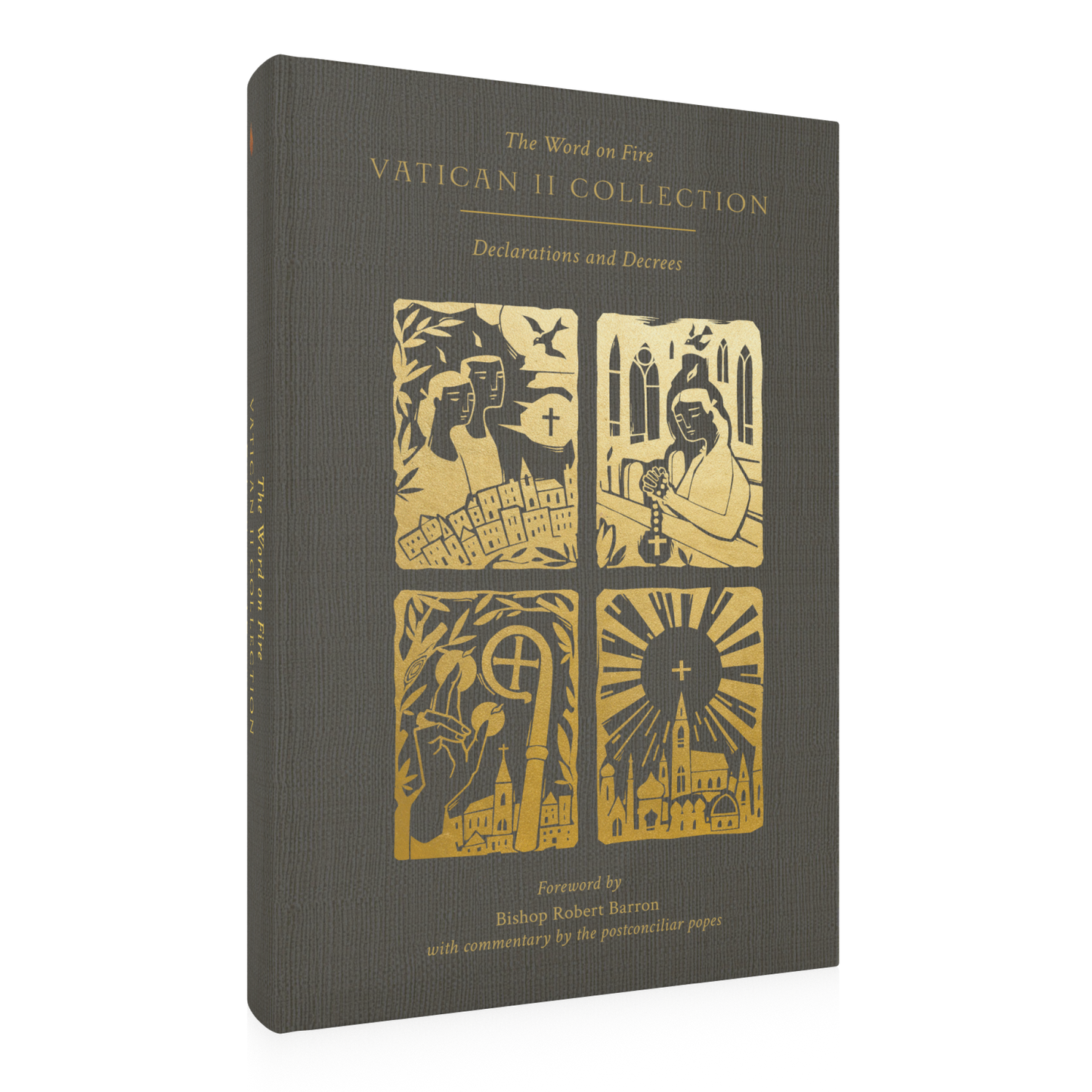 The Word on Fire Vatican II Collection: Declarations and Decrees book cover features gold illustrations of religious scenes on a textured gray background, foreword by Bishop Robert Barron, hardcover 9781685780135