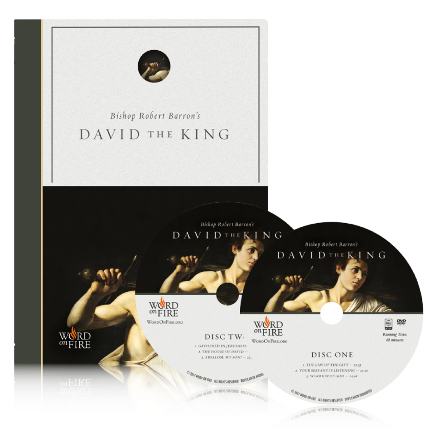 David the King - Film DVD set featuring Bishop Robert Barron’s spiritual exploration of King David, contributors listed, suitable for adult viewers, ISBN included, in a two-disc DVD binding for religious and theology growth.