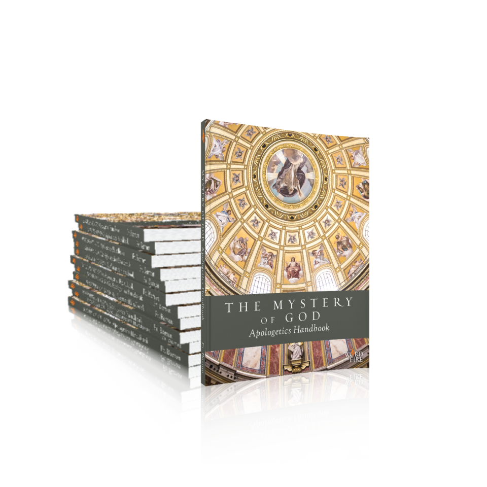 Stack of books with ornate religious ceiling artwork on the cover, titled Mystery of God: Pocket Guide to Answering Atheists, Contributors: Scott Hahn, Age Range: Adult, ISBN: 9781683593010, Binding Type: Paperback, a Catholic theology book for spiritual growth and evangelization.