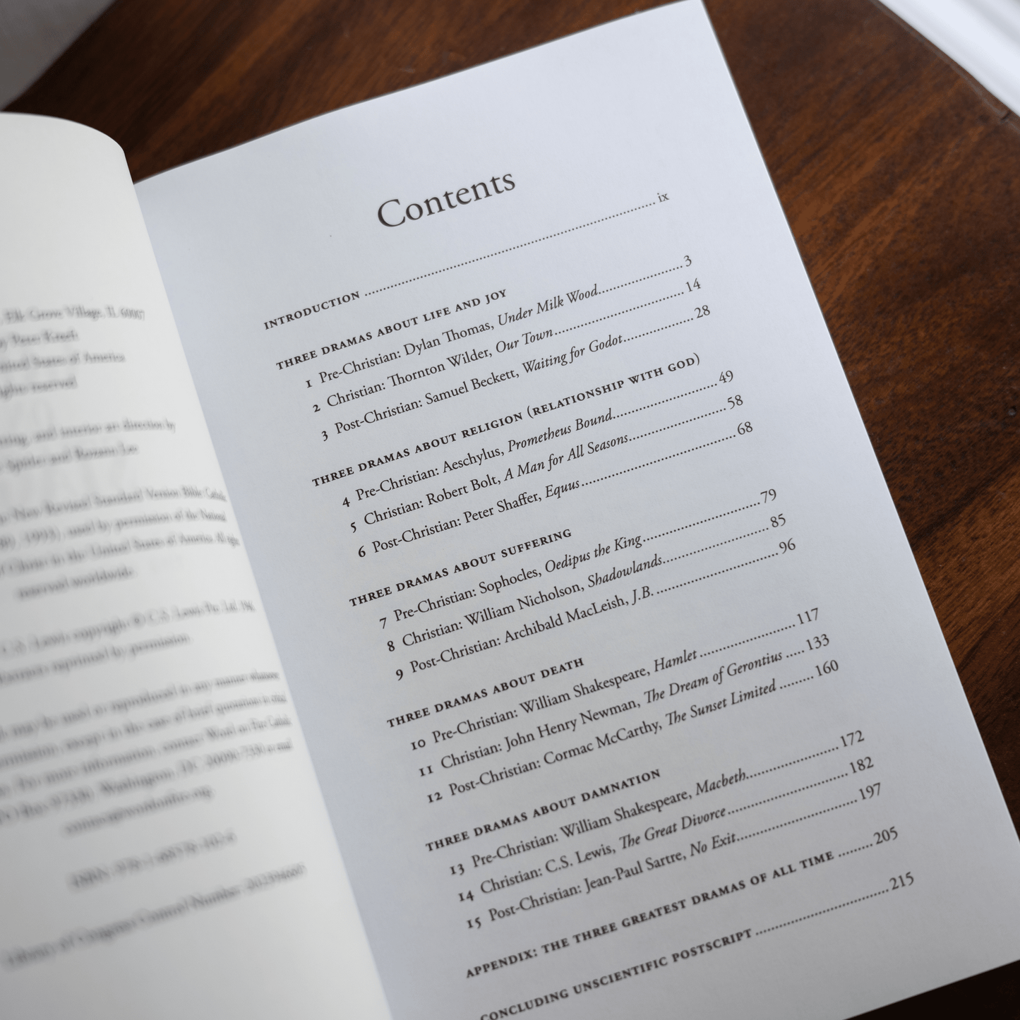 Contents page of "God on Stage: 15 Plays That Ask the Big Questions" book showing a table of contents with dramas categorized by themes like life, joy, religion, suffering, death, and damnation, contributors listed include Dylan Thomas, Thornton Wilder, Samuel Beckett, and others, paperback 9781685781026