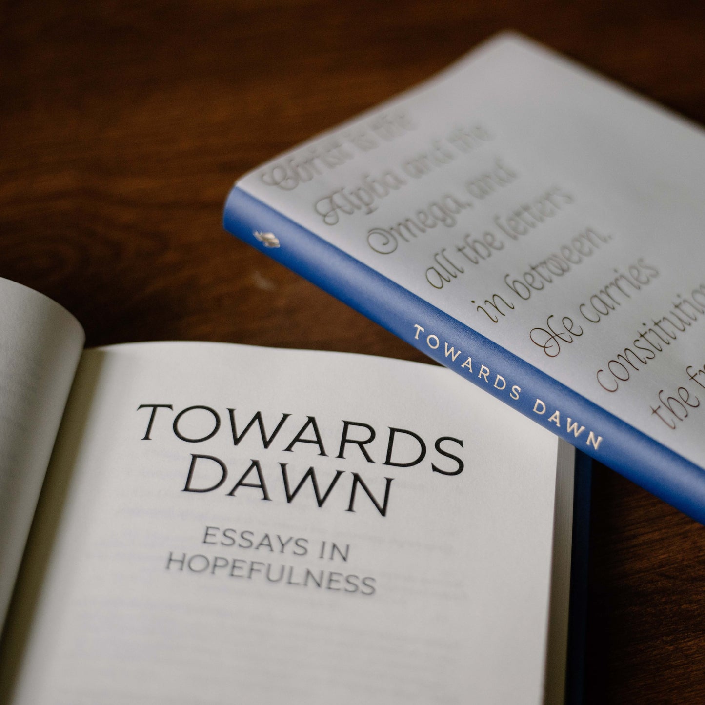 Open book displaying "Towards Dawn: Essays in Hopefulness" by BIshop Erik Varden, hardcover 9781685782740
