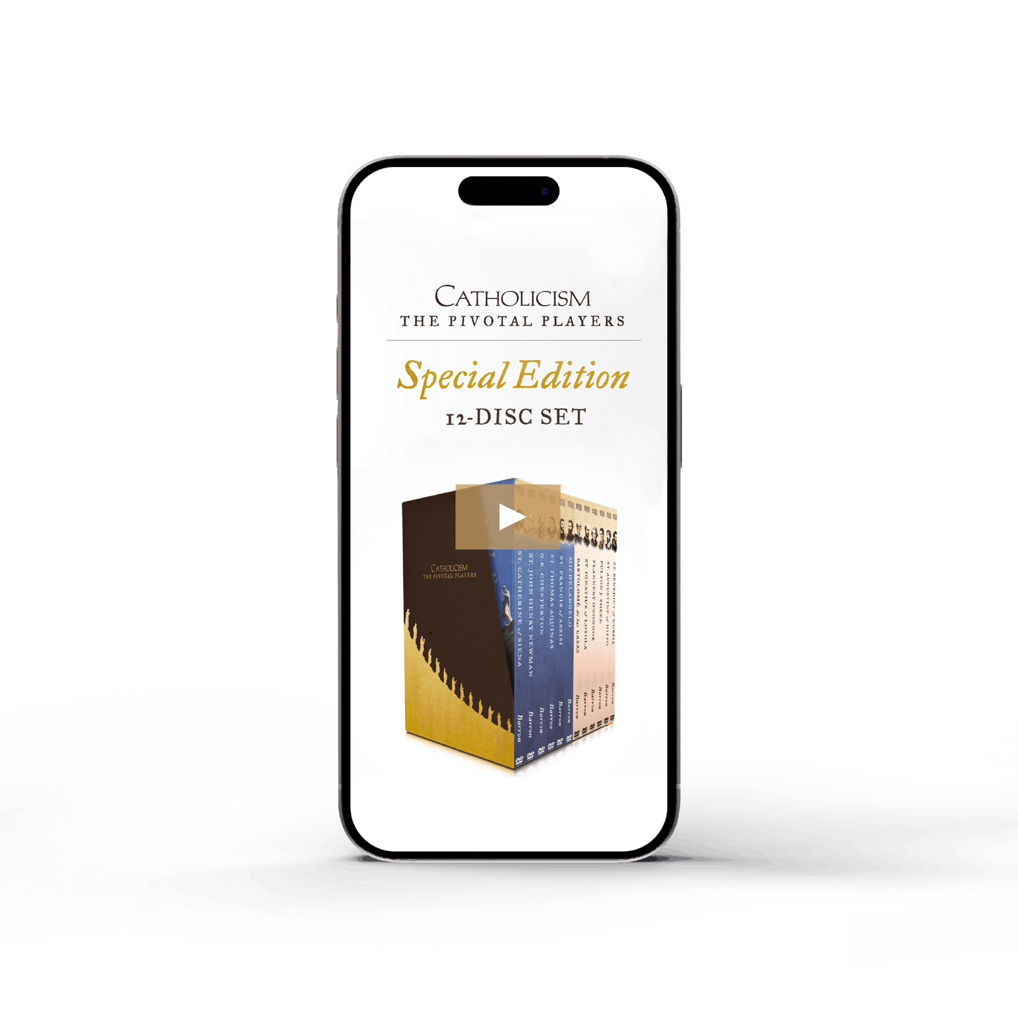 Smartphone screen displaying "The Pivotal Players Complete Special Edition (All 12 Episodes)" Catholicism 12-disc set box, Contributors Bishop Robert Barron, Age Range Adult, ISBN 9781683595628, Bound DVD set for spiritual growth and evangelization.