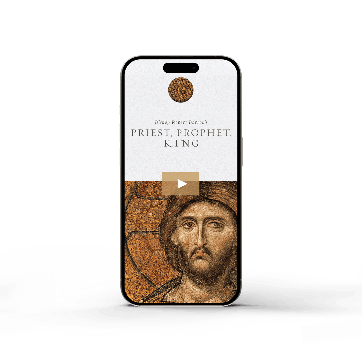 Smartphone displaying the cover of "Priest, Prophet, King - Film" featuring a mosaic image of Jesus Christ, with contributors Bishop Robert Barron, suitable for ages 14 and up, ISBN 9781640609693, digital binding.