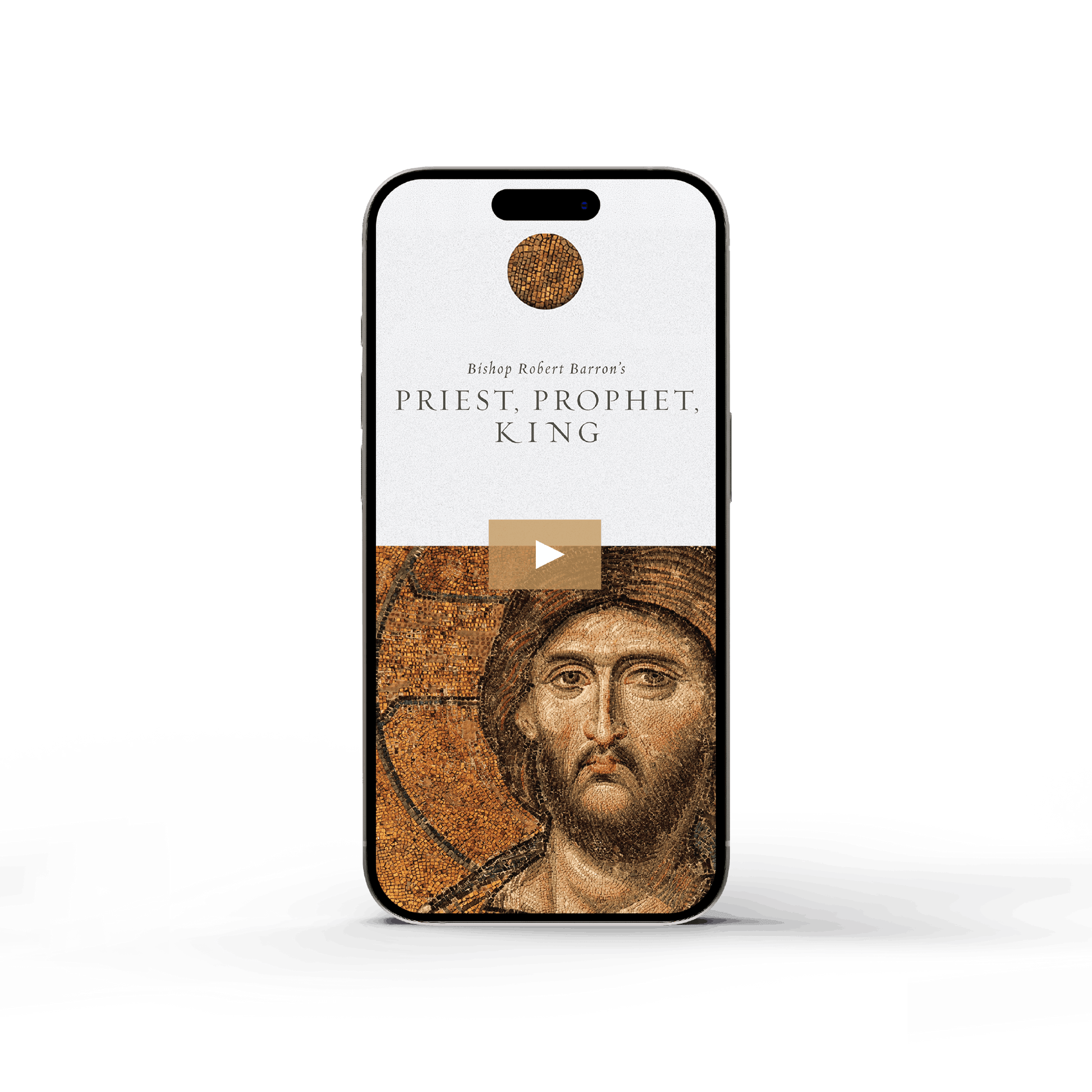 Smartphone displaying the cover of "Priest, Prophet, King - Film" featuring a mosaic image of Jesus Christ, with contributors Bishop Robert Barron, suitable for ages 14 and up, ISBN 9781640609693, digital binding.