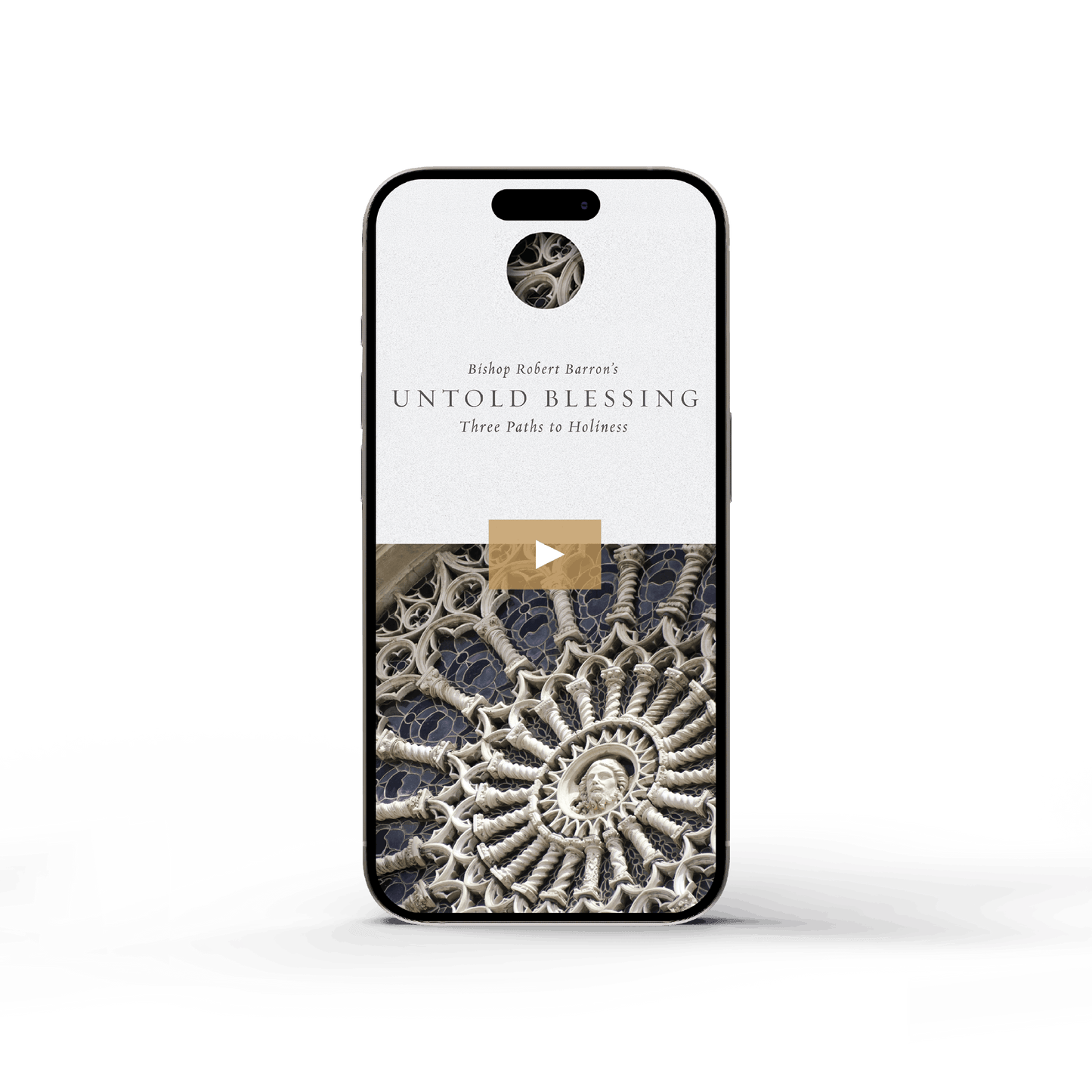 Smartphone displaying the cover of Untold Blessing - Film by Bishop Robert Barron, featuring intricate religious artwork, with contributors listed, suitable for all ages, ISBN included, digital binding.