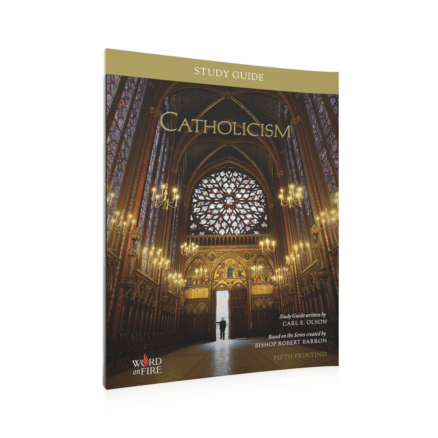 Cover of the "CATHOLICISM Study Guide" featuring a detailed cathedral interior with stained glass windows and chandeliers, Contributors Carl E. Olson, Age Range Adult, ISBN 9781612611704, Softcover Binding Type.