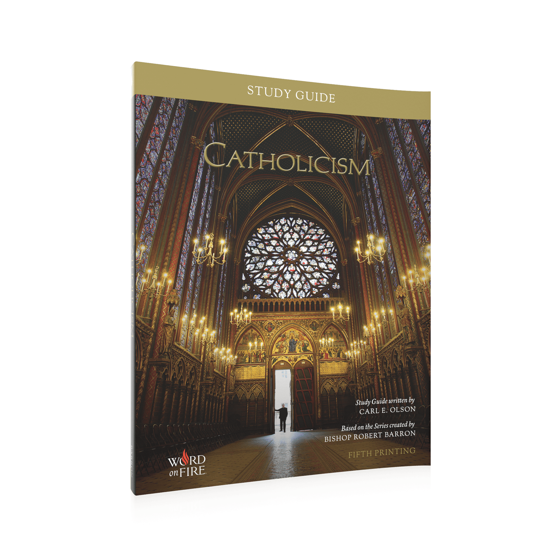 Cover of the "CATHOLICISM Study Guide" featuring a detailed cathedral interior with stained glass windows and chandeliers, Contributors Carl E. Olson, Age Range Adult, ISBN 9781612611704, Softcover Binding Type.