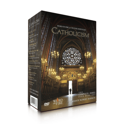 CATHOLICISM Film Series DVD set featuring an illuminated cathedral interior with stained glass windows and chandeliers, contributors Bishop Robert Barron, suitable for adults, ISBN and DVD binding type.