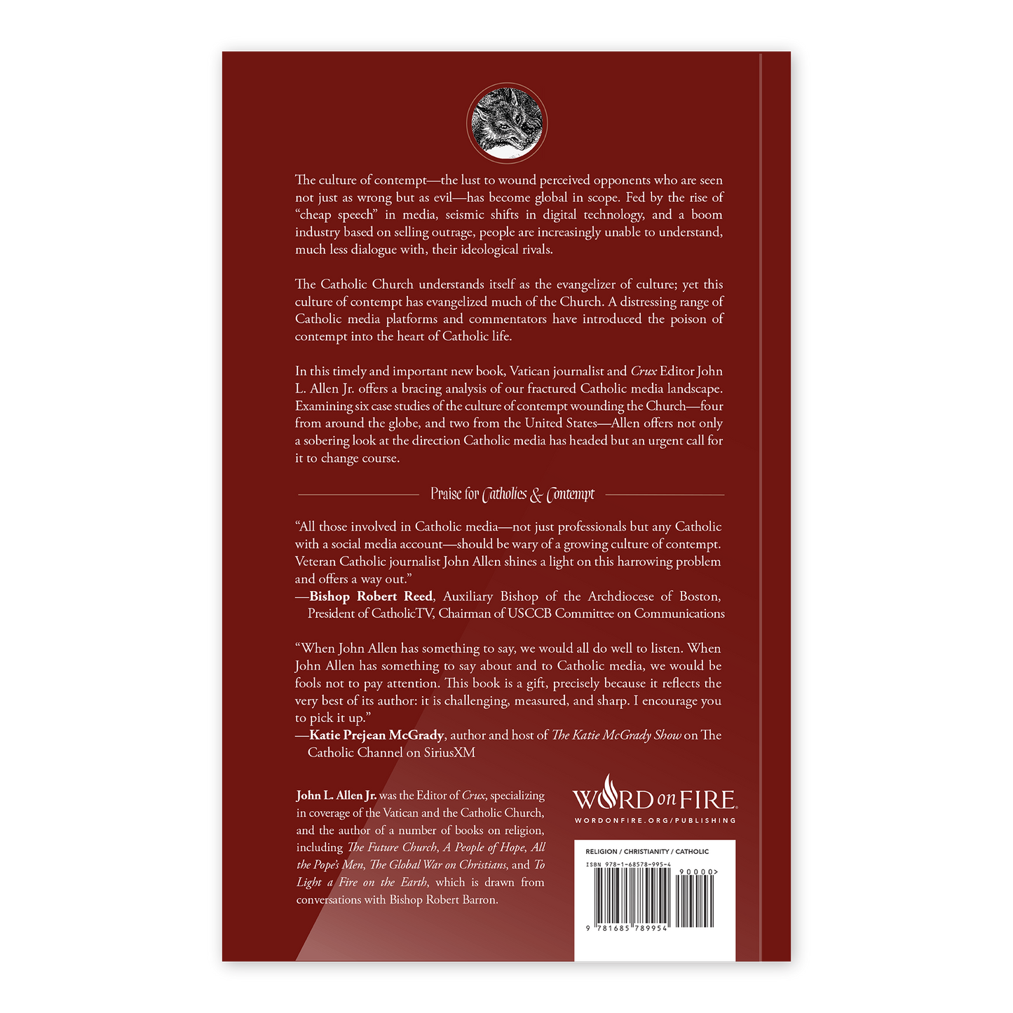 Back cover of the book Catholics and Contempt by John L. Allen Jr., featuring praise from Bishop Robert Reed and Katie Prejean McGrady, books on Catholic evangelization and media, paperback 9781685789954