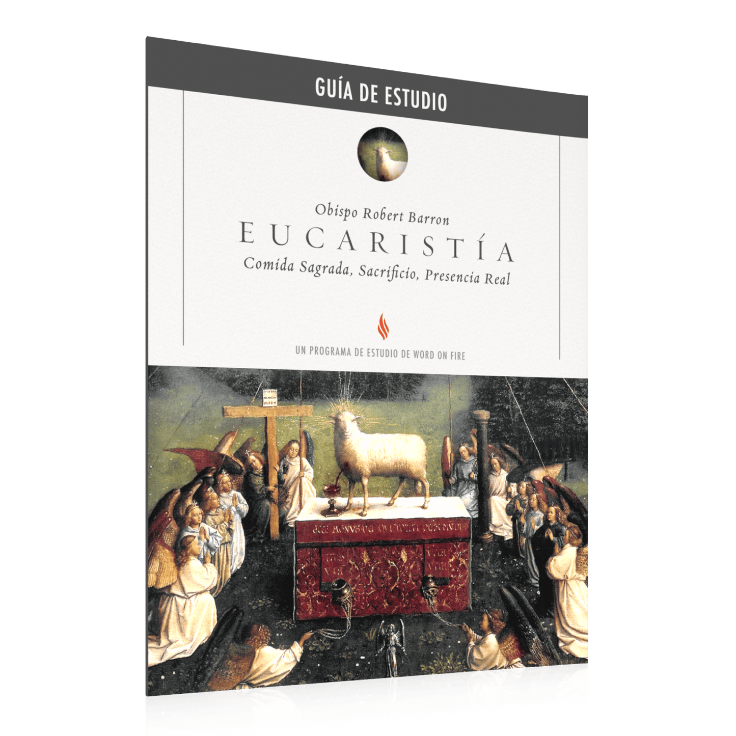 Eucaristía Guía de Estudio book cover featuring a religious painting with a lamb on an altar, contributors Obispo Robert Barron, suitable for ages 13 and up, ISBN included, paperback binding.