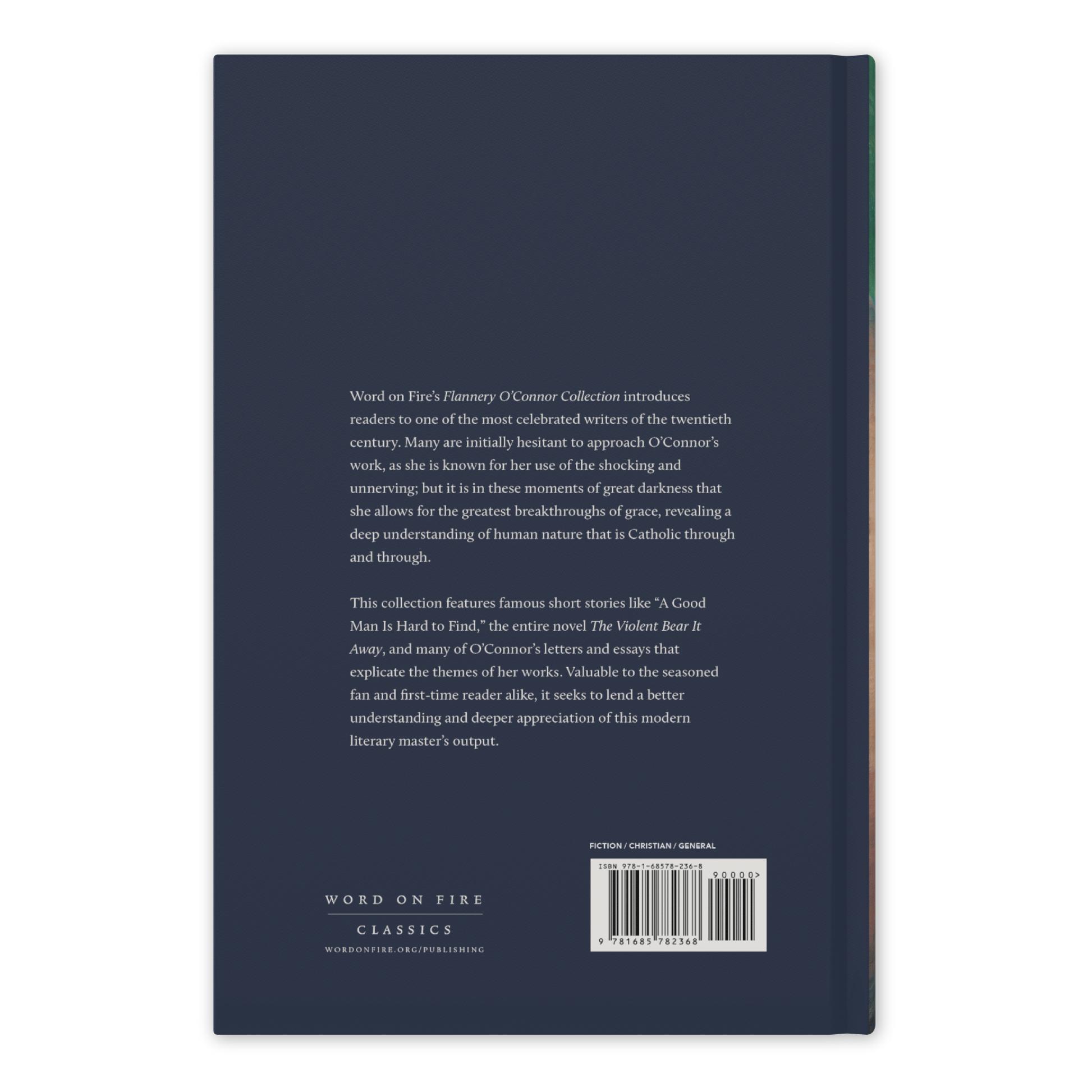 Back cover of the Flannery O'Connor Collection book by Word on Fire showcasing a dark blue background with white text describing the literary collection, hardcover, Word on Fire Classics