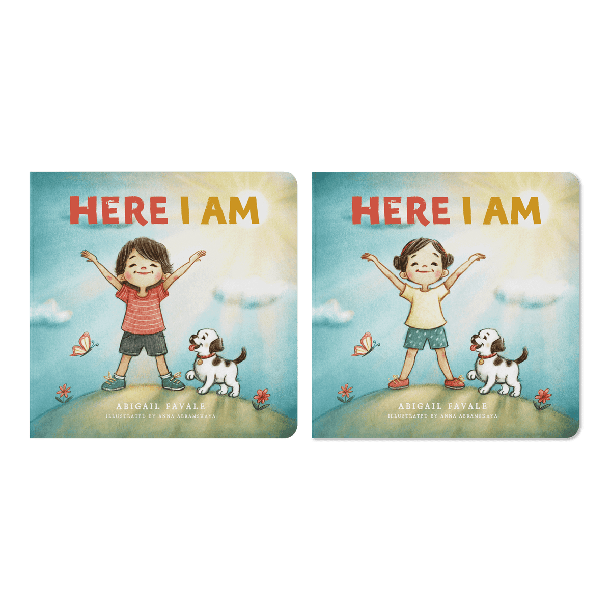 Two illustrated children's book covers titled "Here I Am" by Abigail Favale with illustrations by Anna Abramkayda, featuring joyful children and a dog under a bright sky, Catholic children's board book ages 2-6