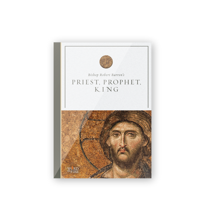 Cover of Priest, Prophet, King - Film featuring Byzantine-style mosaic of Jesus Christ, spiritual growth by Bishop Robert Barron, contributors noted, suitable for adults, includes ISBN and DVD binding type.