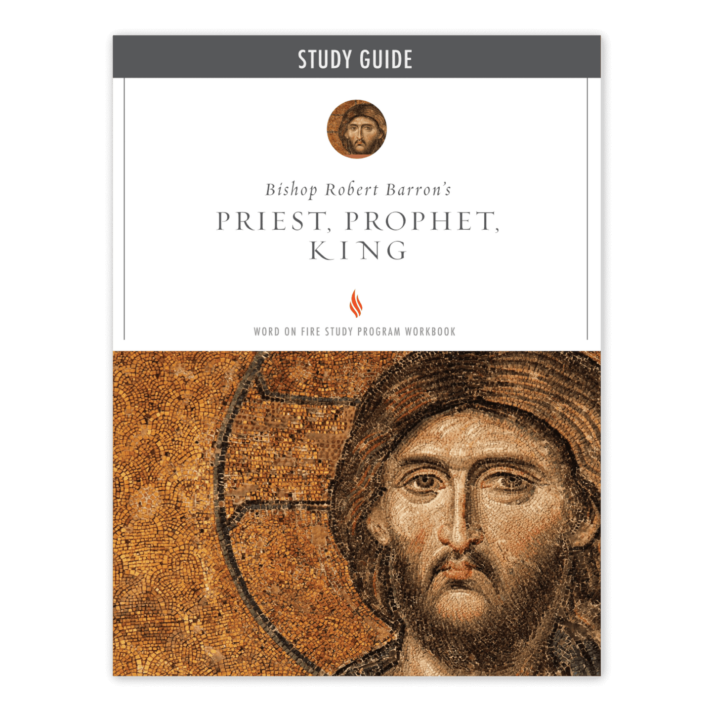 Cover of the Priest, Prophet, King Study Guide featuring a mosaic image of Jesus Christ, Contributors Bishop Robert Barron, Age Range adult, ISBN 9781586176448, and paperback binding type.