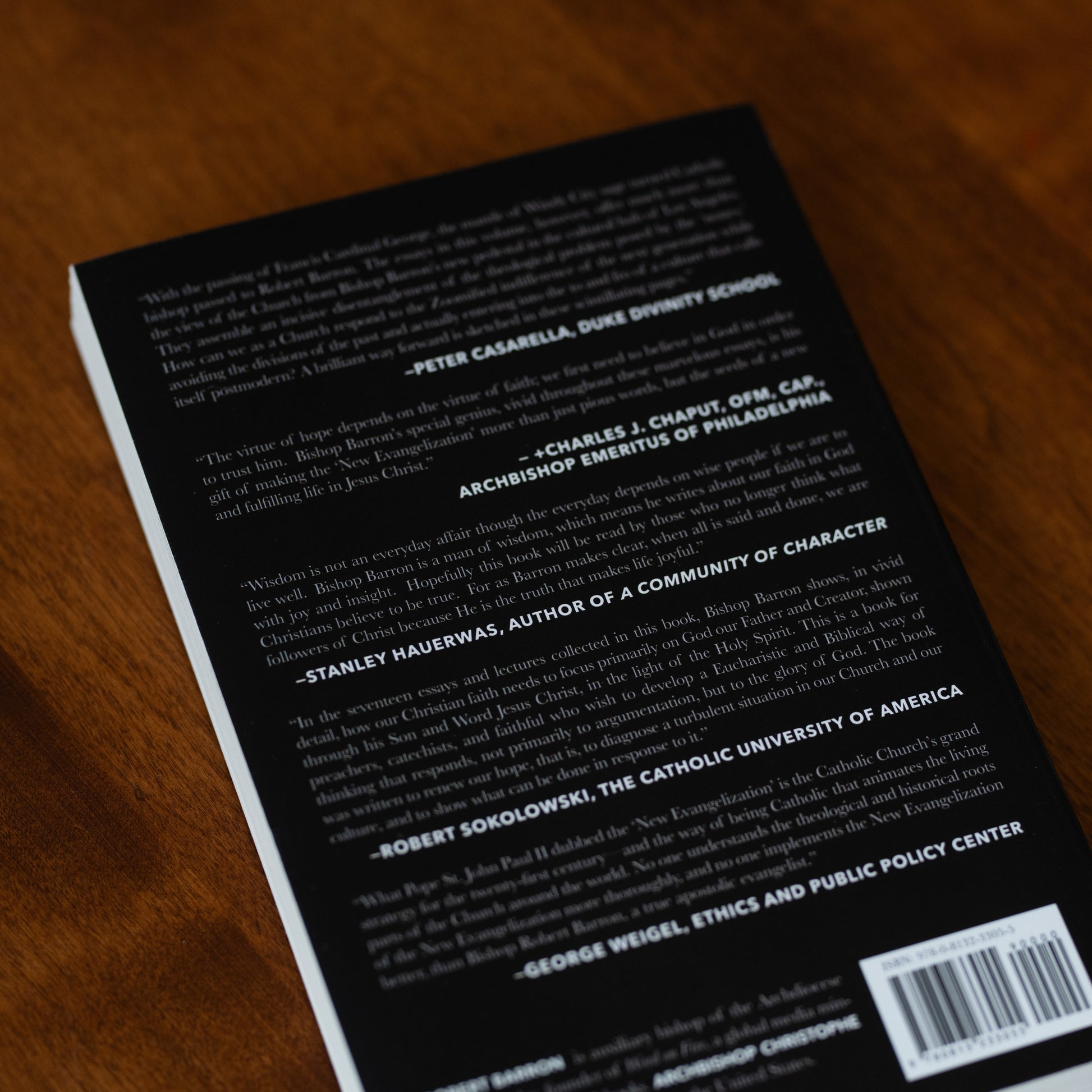 Back cover of Renewing Our Hope: Essays for the New Evangelization featuring endorsements by Peter Casarella, Charles J. Chaput, Stanley Hauerwas, Robert Sokolowski, and George Weigel, highlighting spiritual growth and evangelization themes, suitable as a Catholic gift and theology book, by Bishop Robert Barron