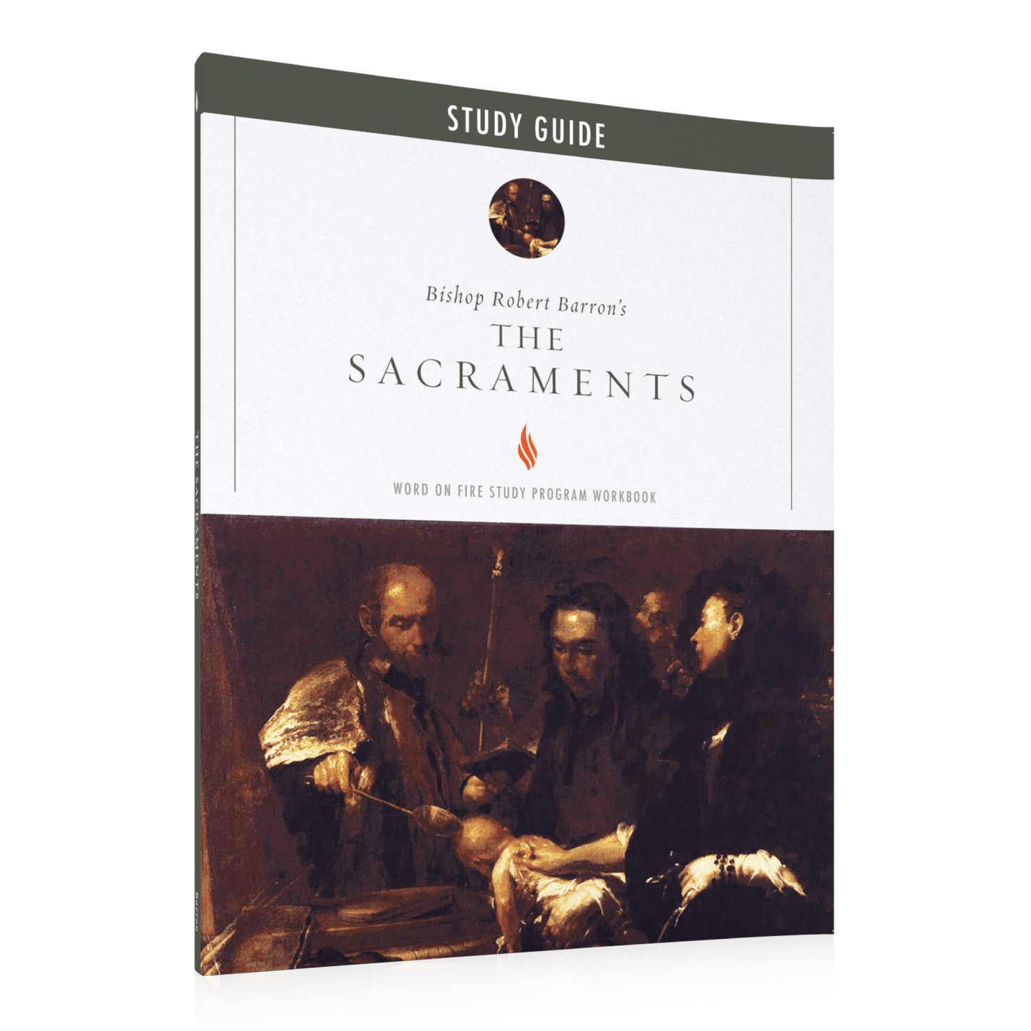 The Sacraments Study Guide by Bishop Robert Barron features a classic religious painting on the cover, paperback binding, suitable for ages 12 and up, ISBN 9781644136606, designed for spiritual growth and catholic education.