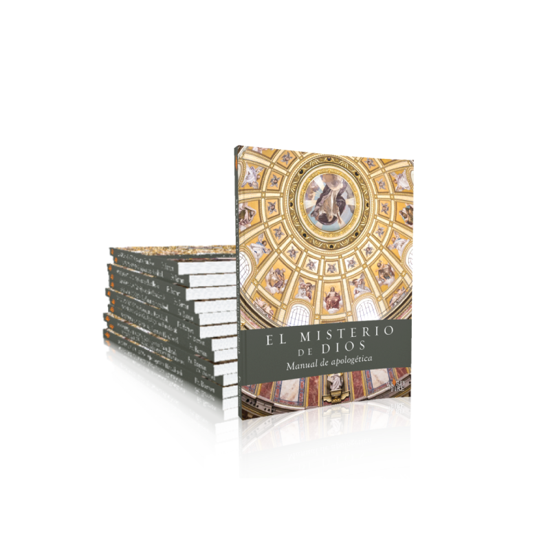 Stack of Catholic theology booklets titled El misterio de Dios: Cómo responder a los ateos (manual), with contributors, age range 16+, ISBN visible, and paperback binding, featuring religious artwork on the cover.