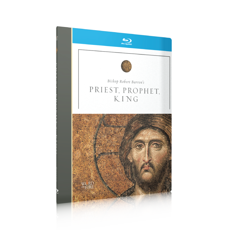 Blu-ray cover of Priest, Prophet, King - Film featuring a mosaic image of Jesus Christ with contributors Bishop Robert Barron, suitable for adult age range, ISBN 9781681913325, in Blu-ray binding type.