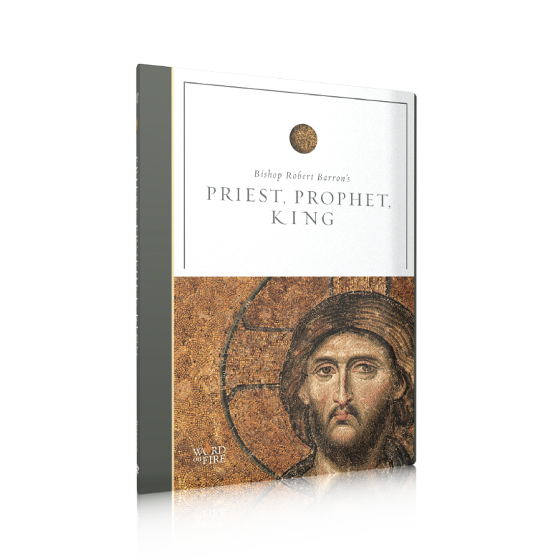 Priest, Prophet, King - Film DVD cover featuring a mosaic-style depiction of Jesus Christ, suitable for Catholic spiritual growth and evangelization, binding type DVD, contributors Bishop Robert Barron, age range adult, ISBN 9781945934045.
